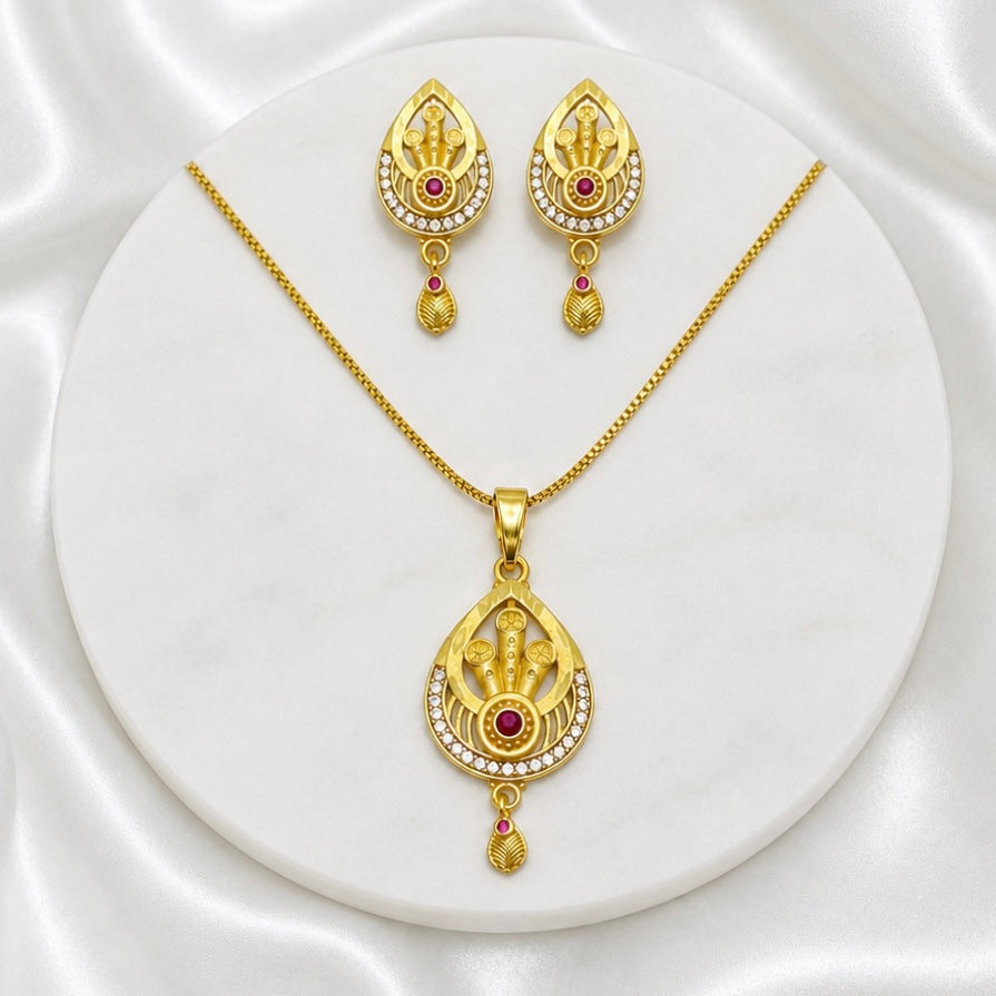 Luxury Ruby AD Teardrop Gold Necklace Set | Designer Microplated Pendant with Earrings