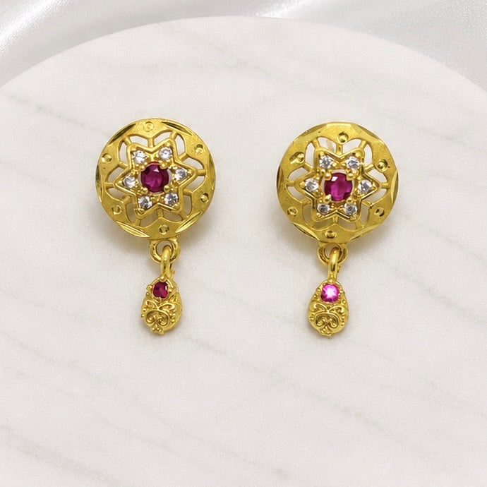 Gold Plated AD & Ruby Star Motif Necklace set | Designer Microplated Pendant with Earrings