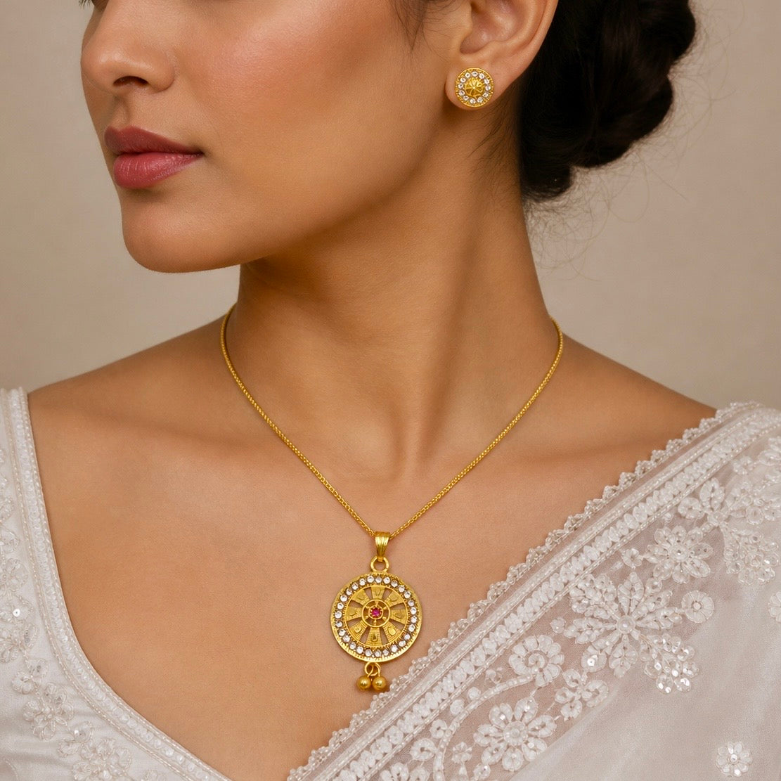 Luxury Circular AD Ruby Gold Pendant Necklace Set | Premium Microplated Handcrafted Jewellery