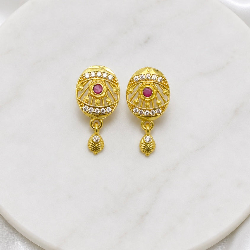 Gold Plated AD & Ruby Oval Necklace Set | Designer Microplated Oval Pendant with Earrings
