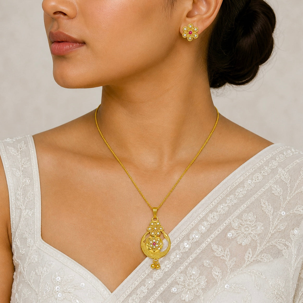 Luxury Floral AD Ruby Gold Pendant Necklace Set | Premium Microplated Handcrafted Jewellery