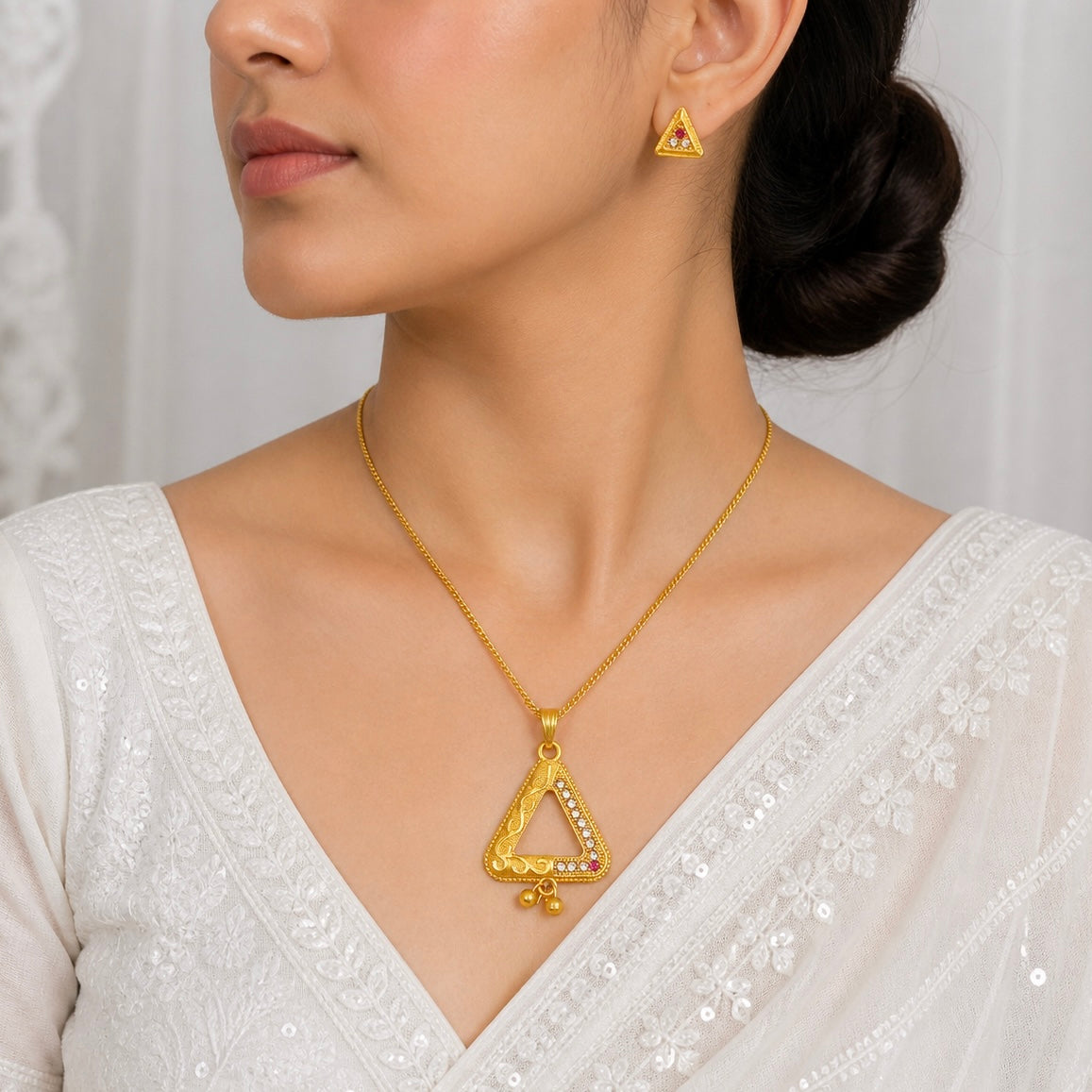 Luxury Triangle AD Ruby Gold Pendant Necklace Set | Premium Microplated Handcrafted Jewellery