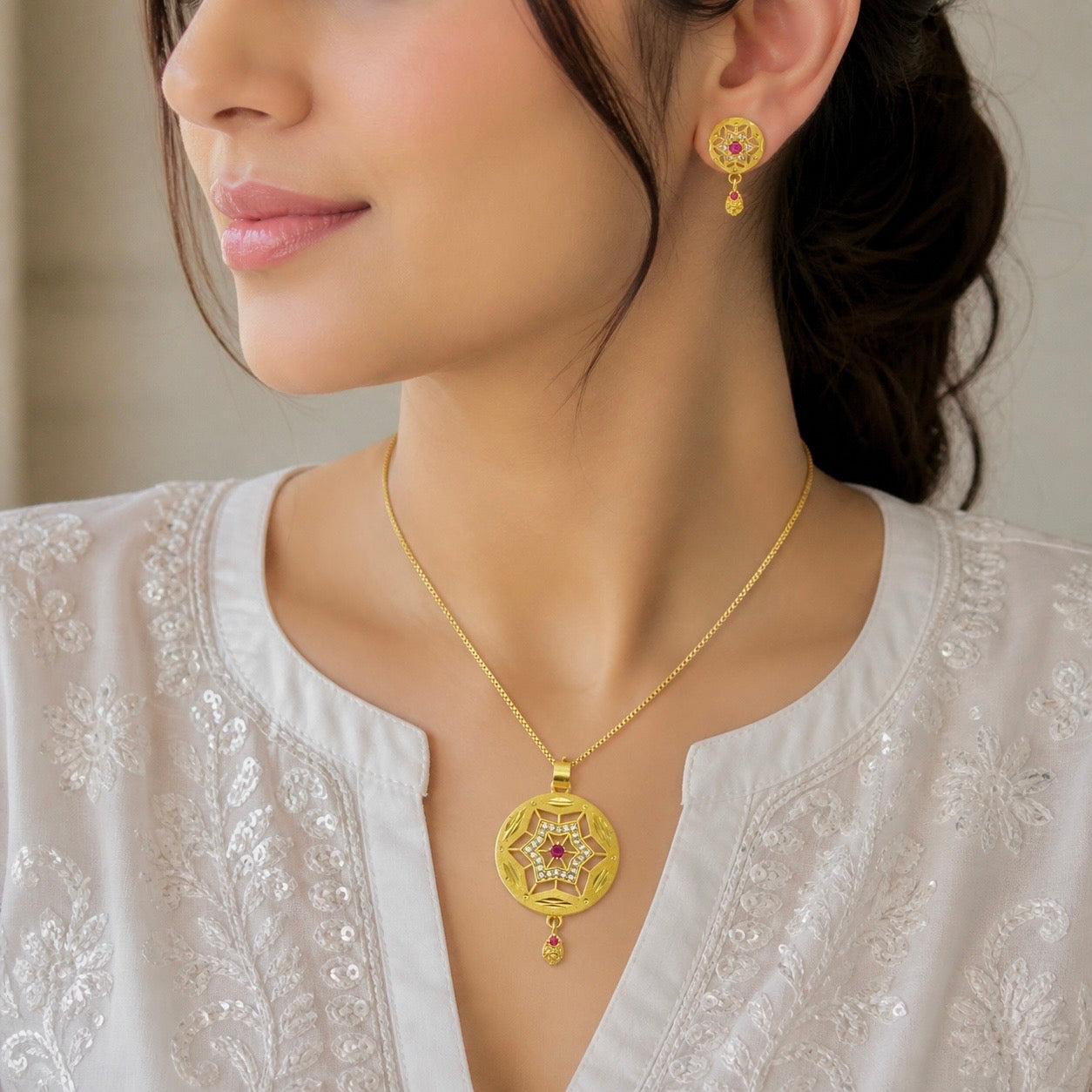 Gold Plated AD & Ruby Star Motif Necklace set | Designer Microplated Pendant with Earrings