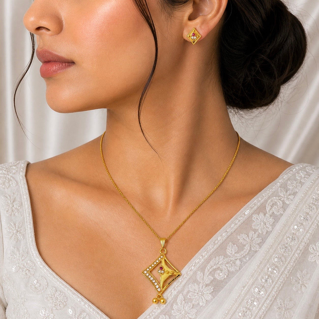 Luxury Geometric AD Ruby Gold Pendant Necklace Set | Premium Microplated Handcrafted Jewellery