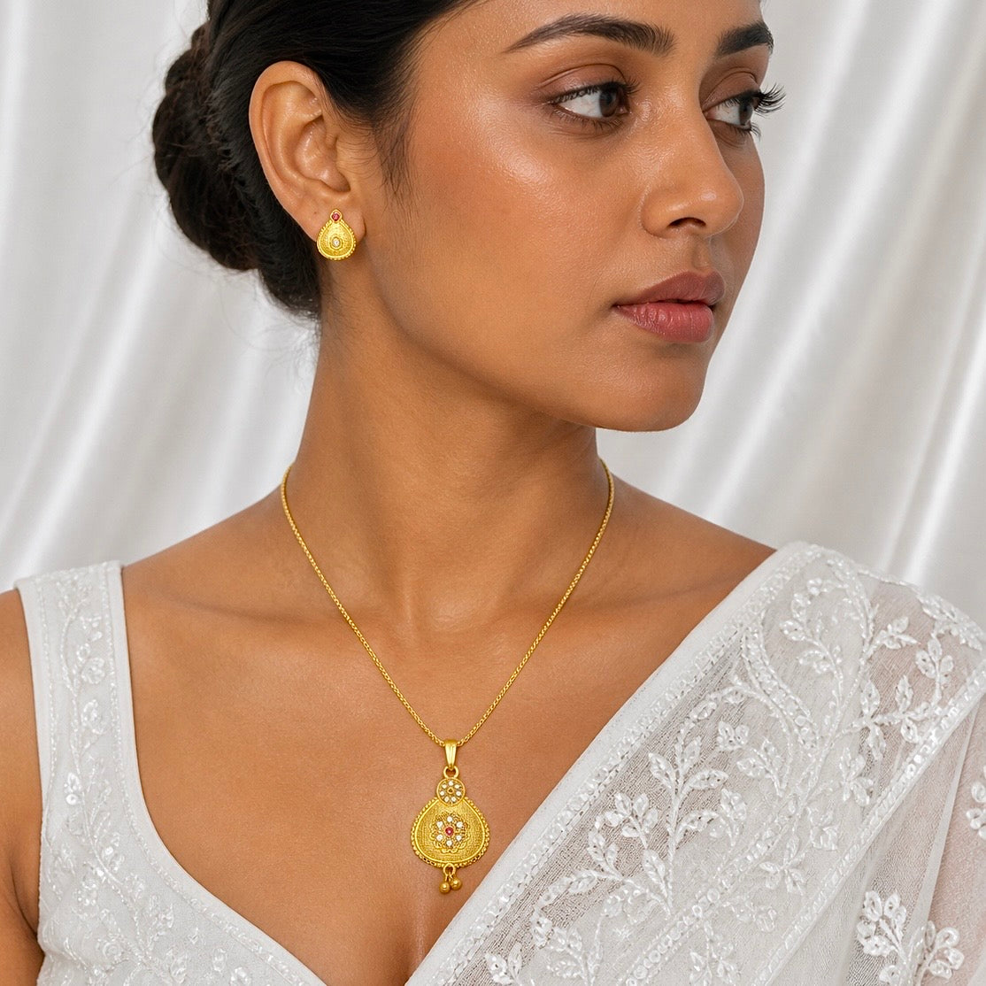 Luxury Pear Drop AD Ruby Gold Pendant Necklace Set | Premium Microplated Handcrafted Jewellery