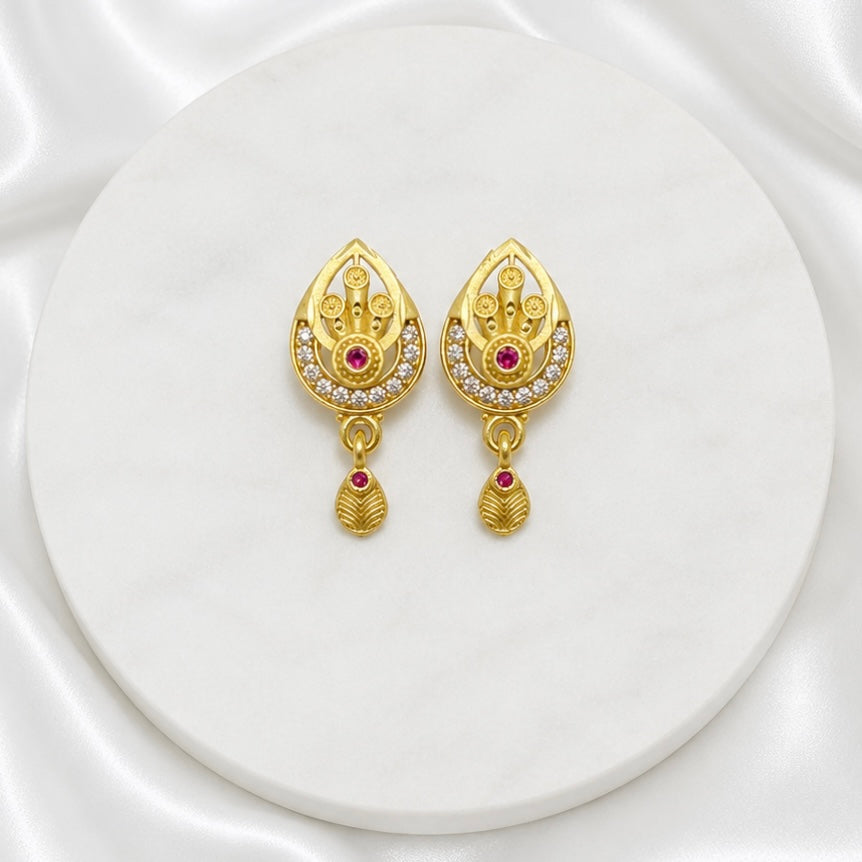 Luxury Ruby AD Teardrop Gold Necklace Set | Designer Microplated Pendant with Earrings