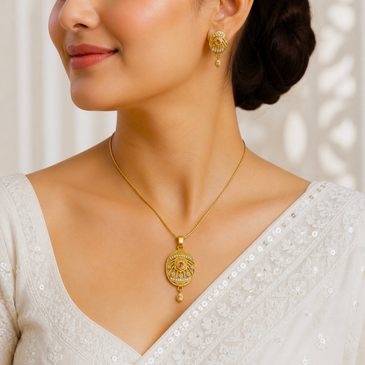 Gold Plated AD & Ruby Oval Necklace Set | Designer Microplated Oval Pendant with Earrings