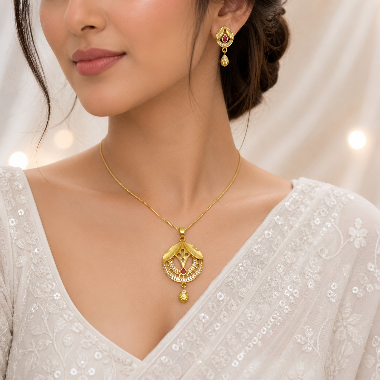 Gold Plated AD & Ruby Necklace Set with Earrings | Microplated Designer Pendant Set