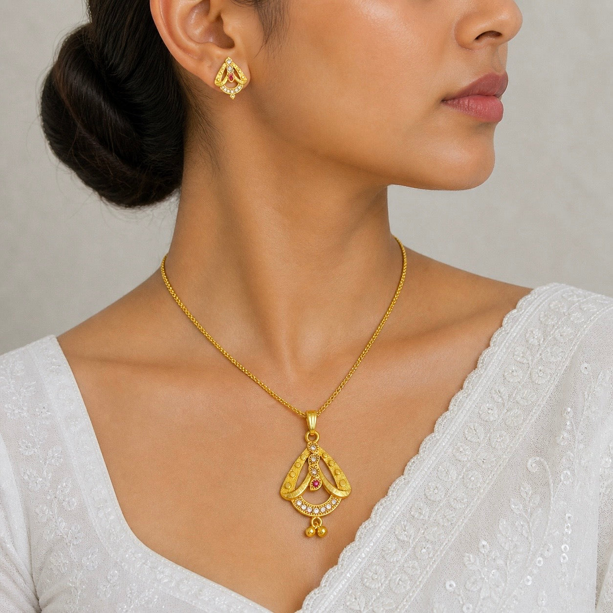 Luxury AD Ruby Teardrop Gold Pendant Necklace Set | Premium Microplated Handcrafted Jewellery Pricing