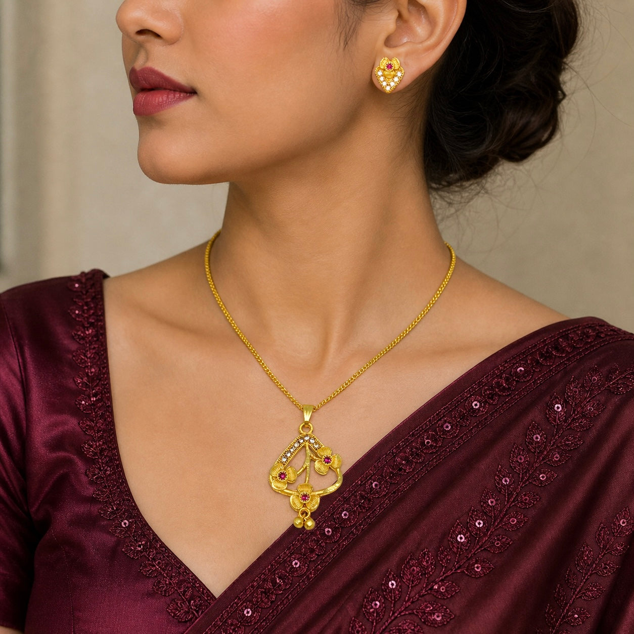 Luxury Floral AD Ruby Gold Pendant Necklace Set | Premium Microplated Handcrafted Jewellery