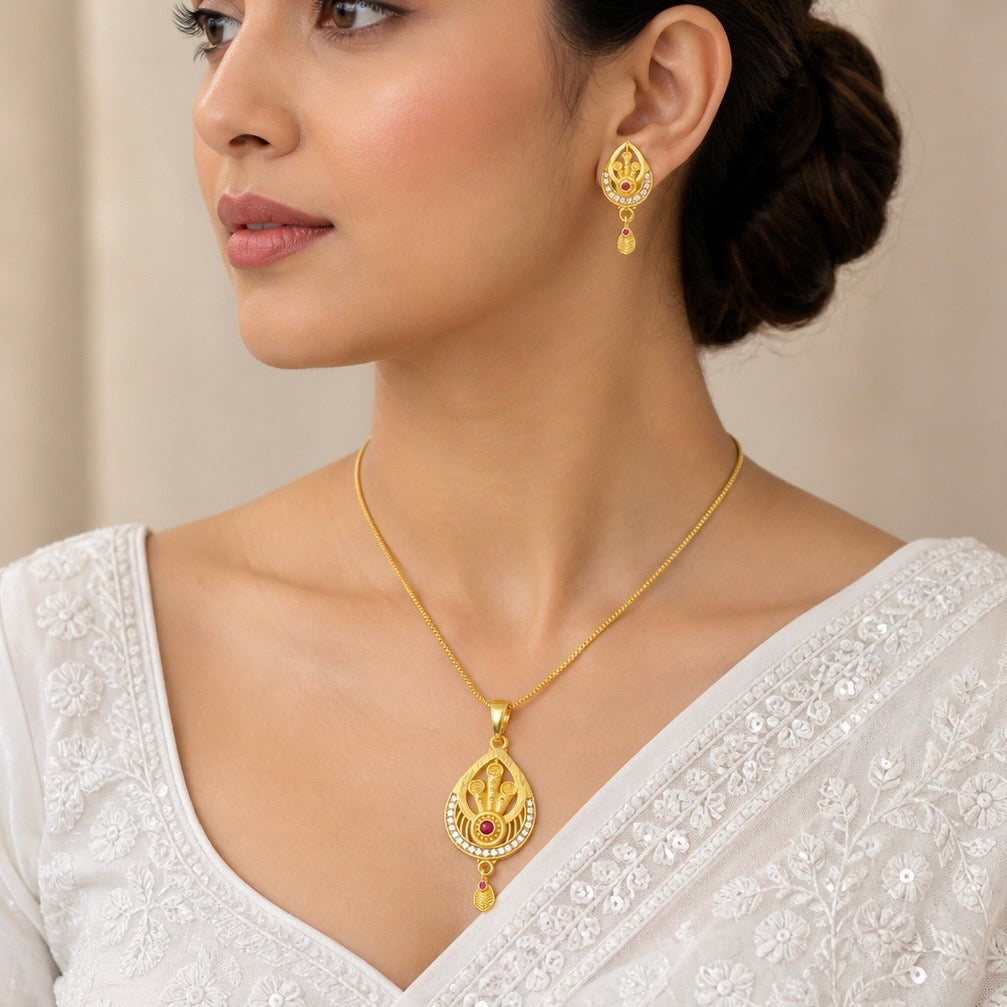 Luxury Ruby AD Teardrop Gold Necklace Set | Designer Microplated Pendant with Earrings