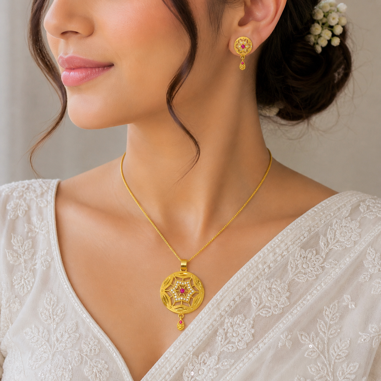 Gold Plated AD & Ruby Star Motif Necklace set | Designer Microplated Pendant with Earrings