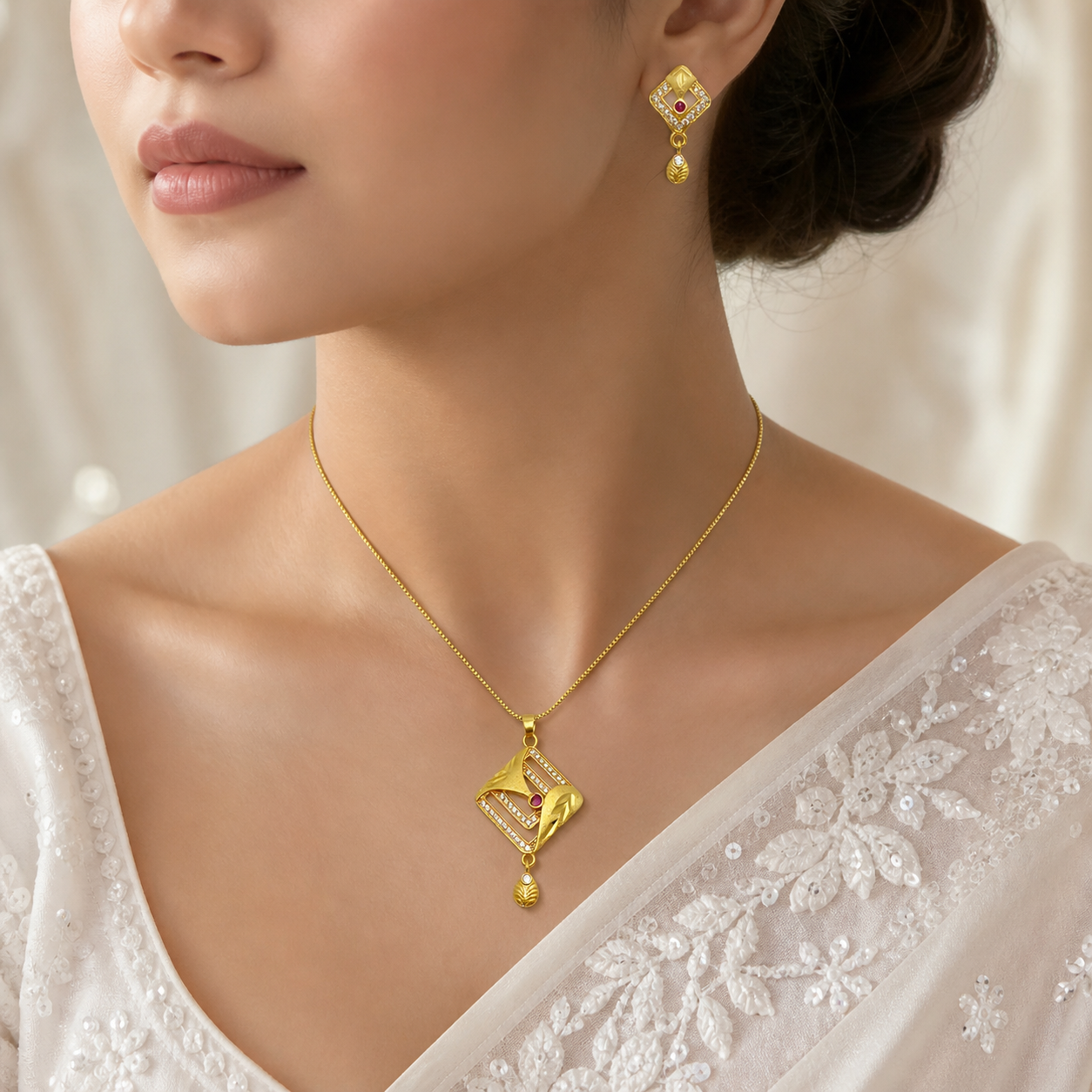 Luxury Ruby AD Geometric Gold Necklace Set | Premium Microplated Statement Jewellery