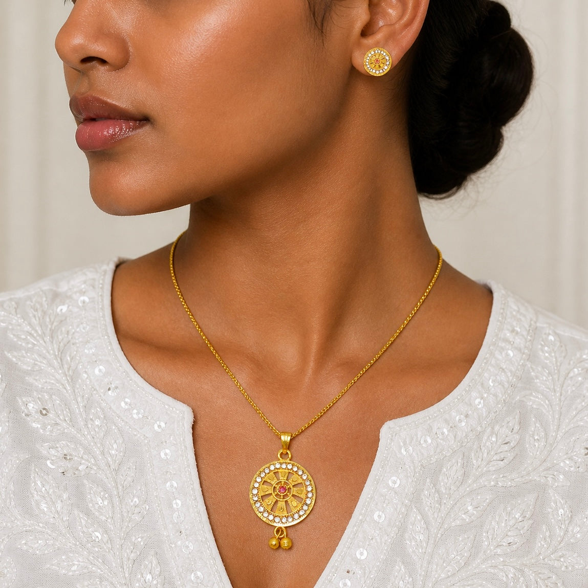 Luxury Circular AD Ruby Gold Pendant Necklace Set | Premium Microplated Handcrafted Jewellery