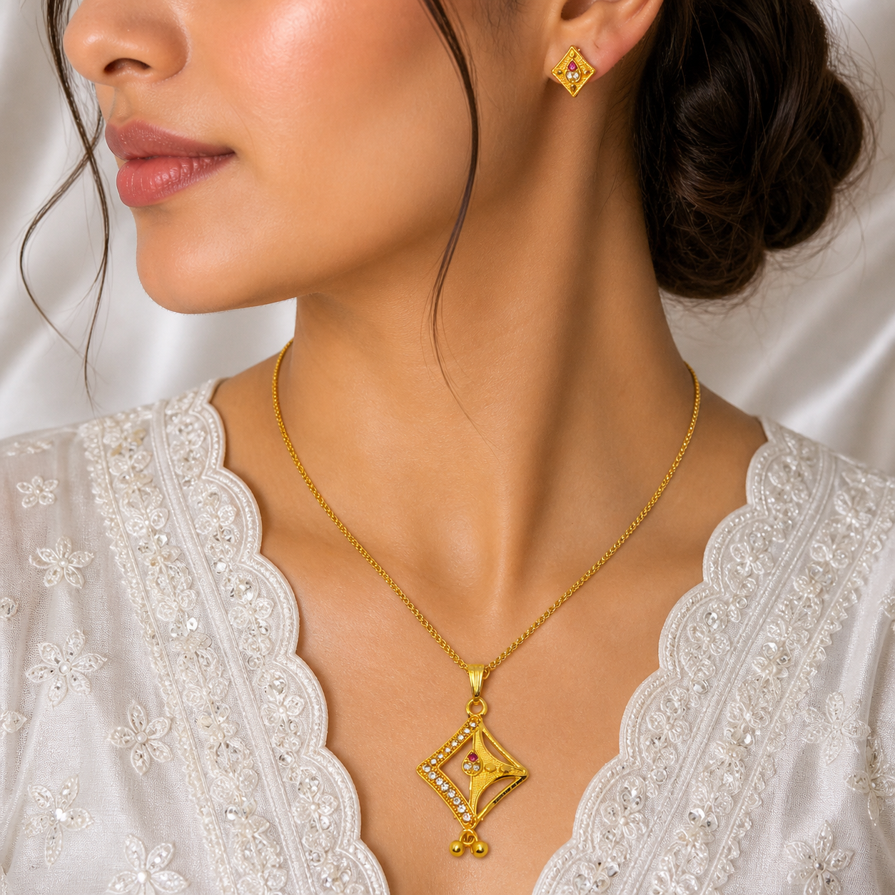 Luxury Geometric AD Ruby Gold Pendant Necklace Set | Premium Microplated Handcrafted Jewellery