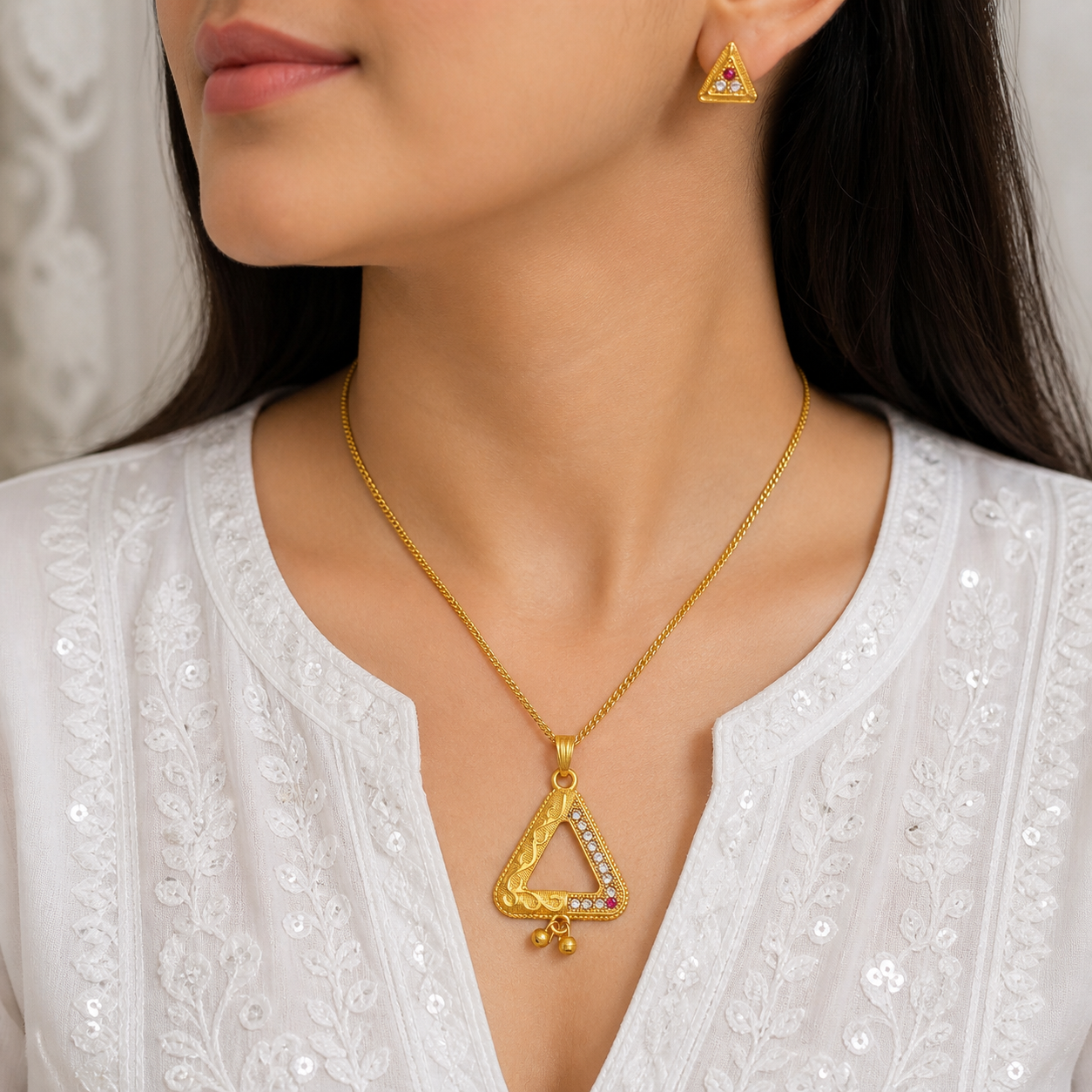 Luxury Triangle AD Ruby Gold Pendant Necklace Set | Premium Microplated Handcrafted Jewellery