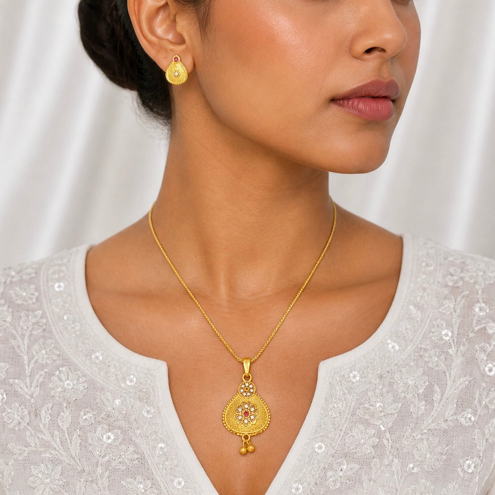Luxury Pear Drop AD Ruby Gold Pendant Necklace Set | Premium Microplated Handcrafted Jewellery
