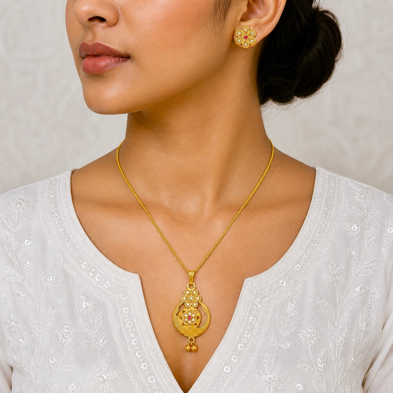 Luxury Floral AD Ruby Gold Pendant Necklace Set | Premium Microplated Handcrafted Jewellery