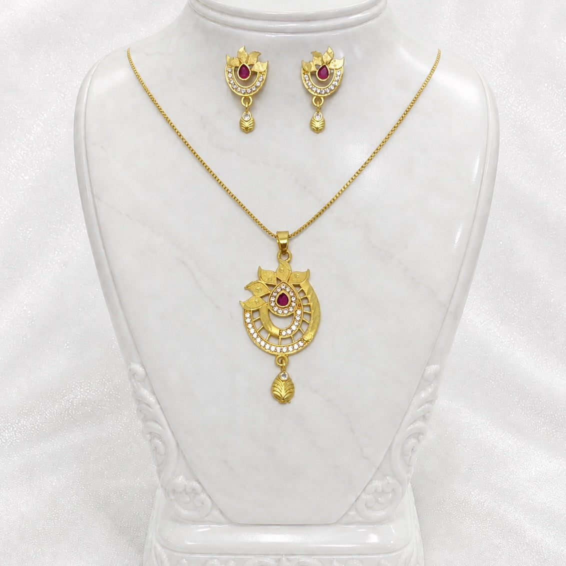 Gold Plated AD & Ruby Necklace Set | Designer Microplated Pendant with Earrings