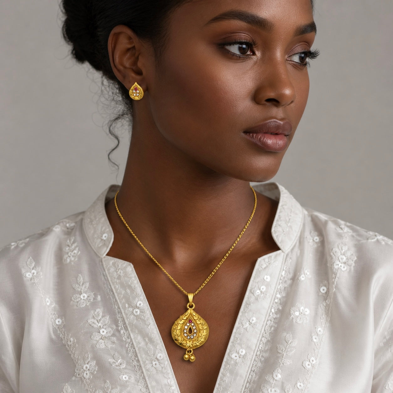 Luxury Teardrop AD Ruby Gold Pendant Necklace Set | Premium Microplated Handcrafted Jewellery