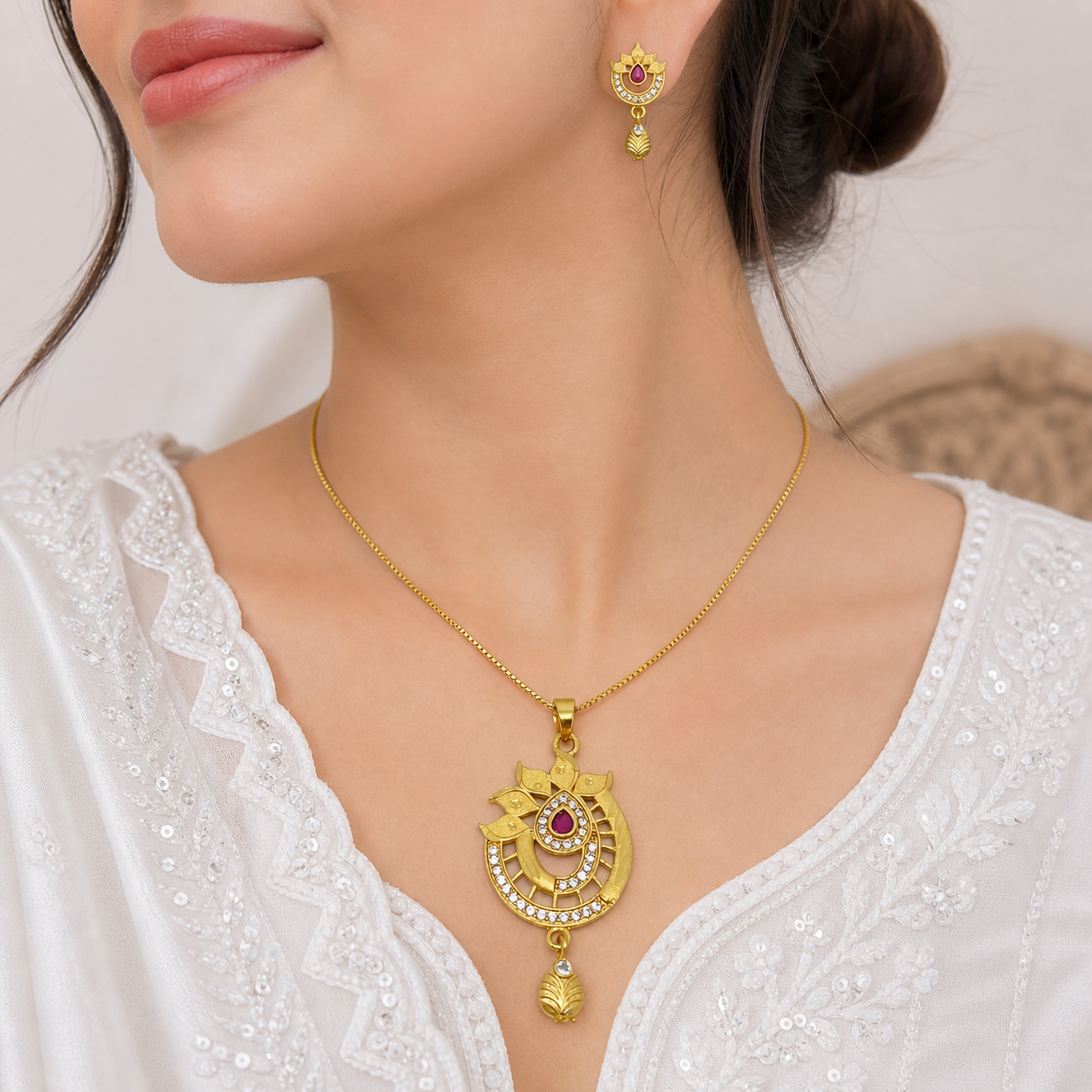 Gold Plated AD & Ruby Necklace Set | Designer Microplated Pendant with Earrings