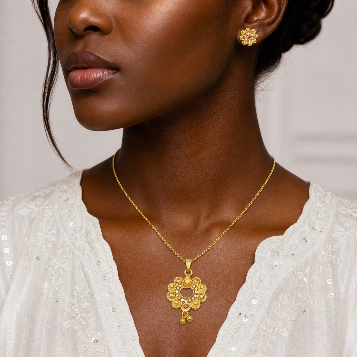 Luxury Floral AD Ruby Gold Pendant Necklace Set | Premium Microplated Handcrafted Jewellery
