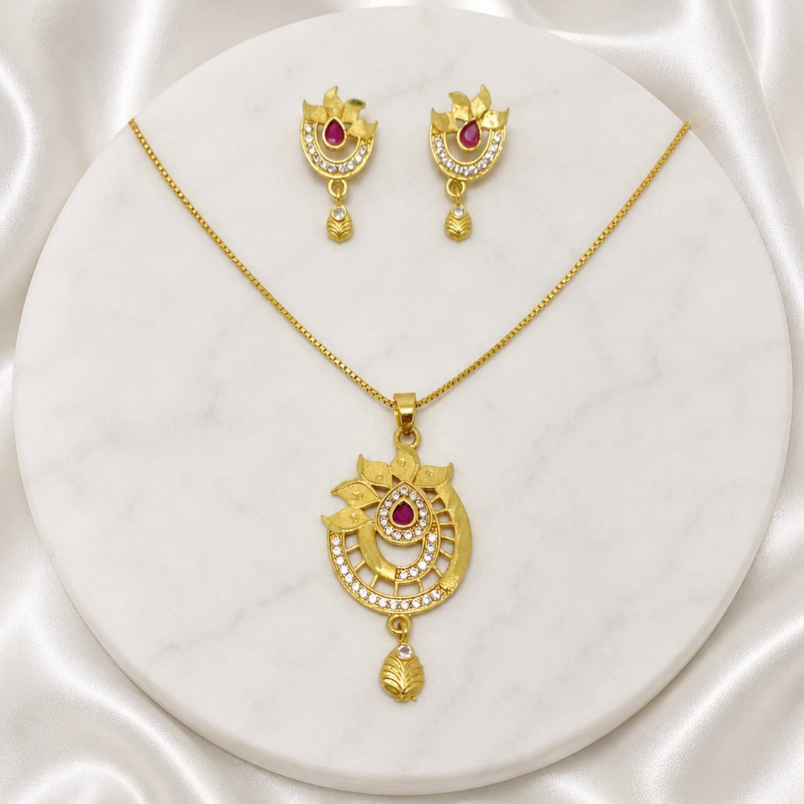 Gold Plated AD & Ruby Necklace Set | Designer Microplated Pendant with Earrings