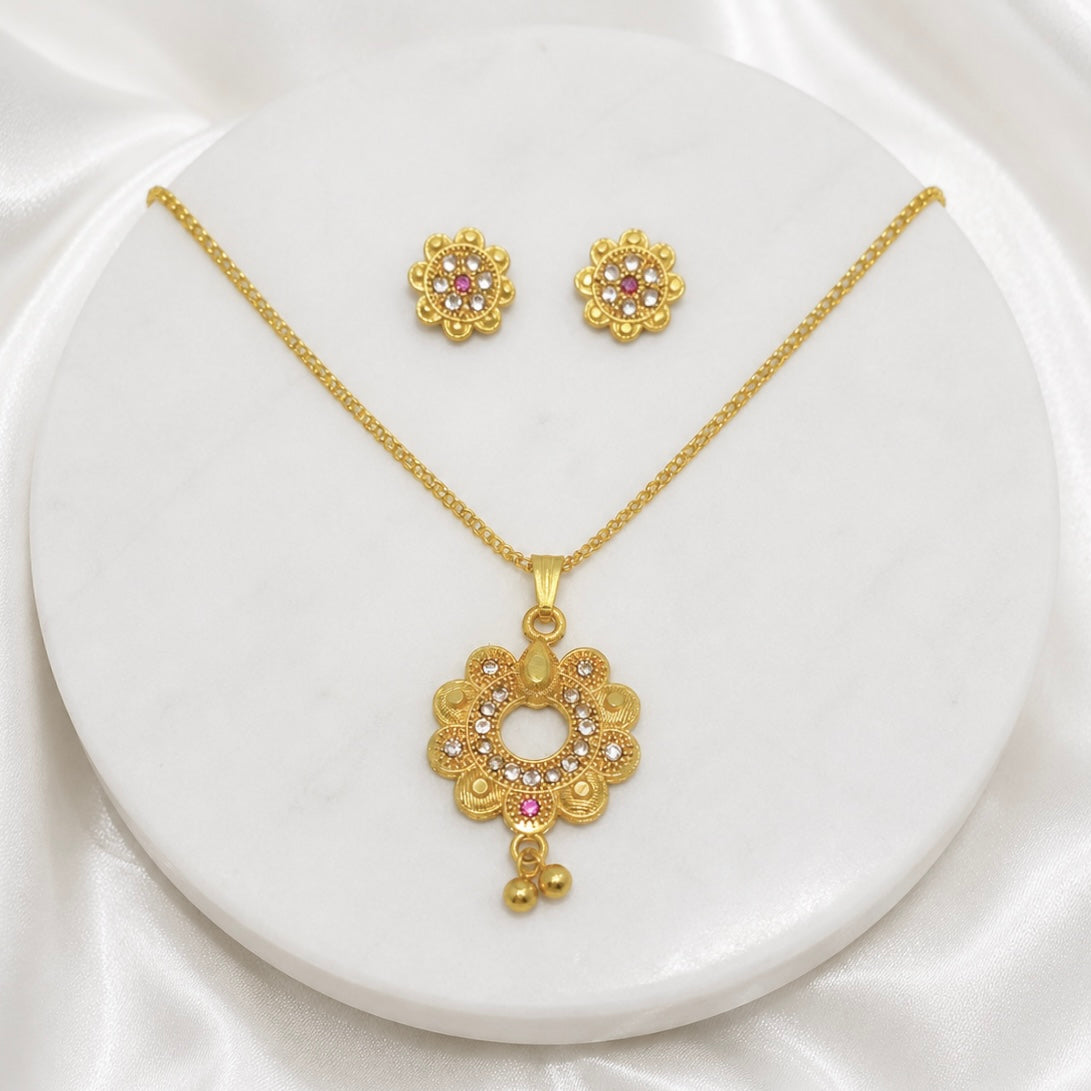 Luxury Floral AD Ruby Gold Pendant Necklace Set | Premium Microplated Handcrafted Jewellery
