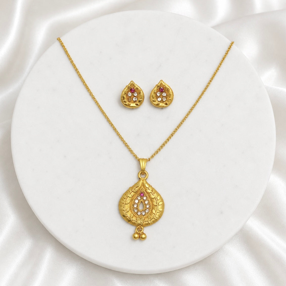 Luxury Teardrop AD Ruby Gold Pendant Necklace Set | Premium Microplated Handcrafted Jewellery