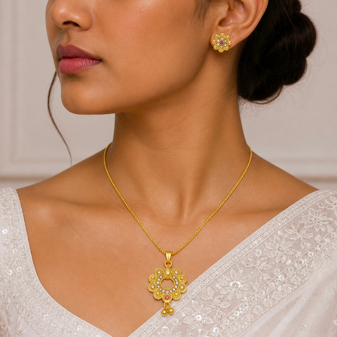 Luxury Floral AD Ruby Gold Pendant Necklace Set | Premium Microplated Handcrafted Jewellery