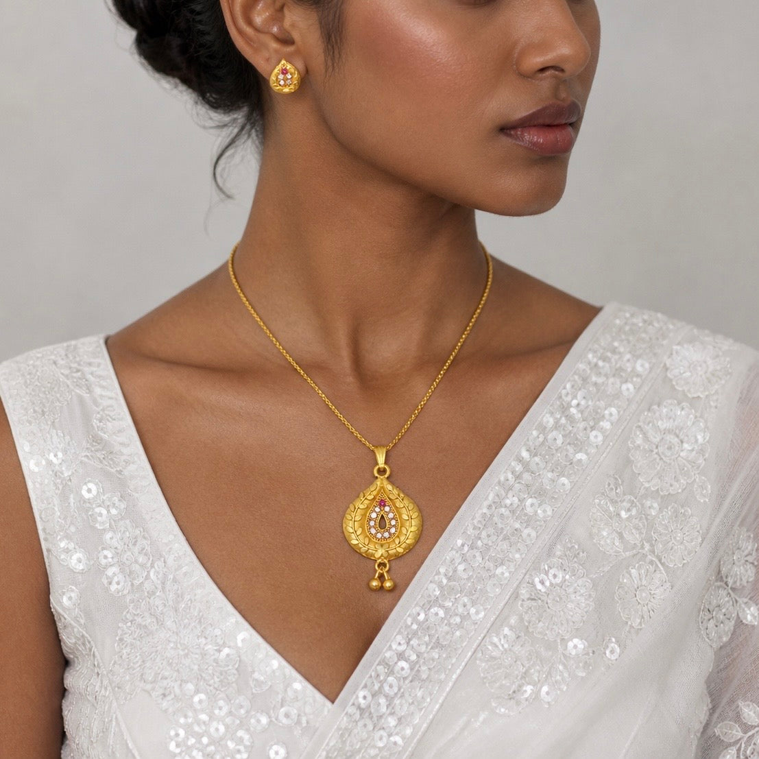 Luxury Teardrop AD Ruby Gold Pendant Necklace Set | Premium Microplated Handcrafted Jewellery