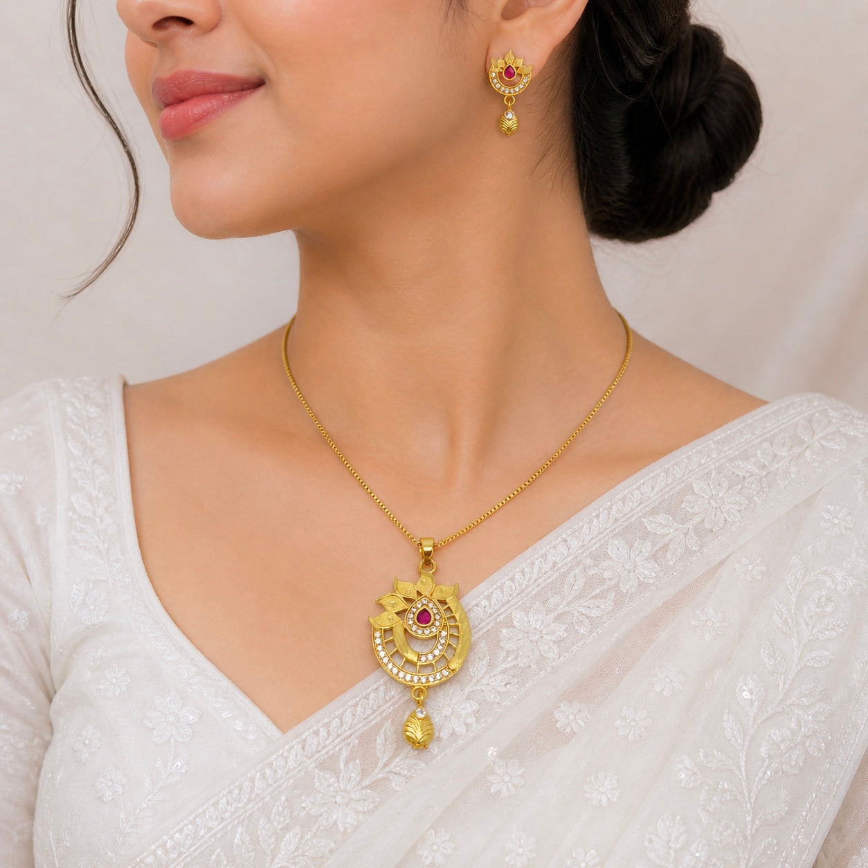 Gold Plated AD & Ruby Necklace Set | Designer Microplated Pendant with Earrings