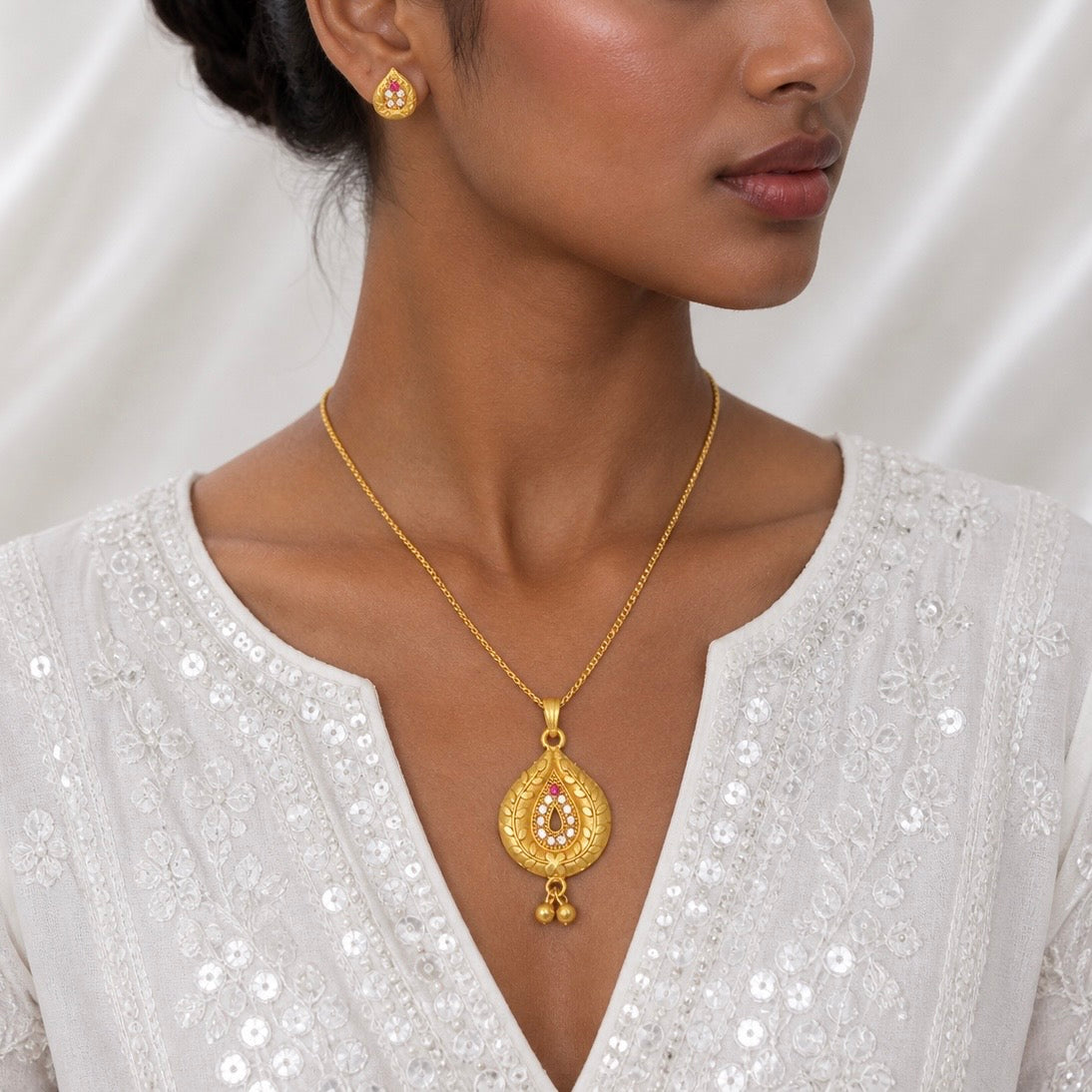 Luxury Teardrop AD Ruby Gold Pendant Necklace Set | Premium Microplated Handcrafted Jewellery