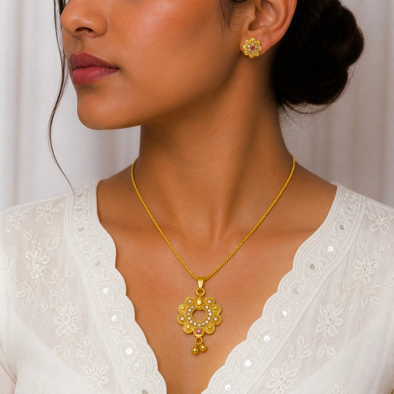 Luxury Floral AD Ruby Gold Pendant Necklace Set | Premium Microplated Handcrafted Jewellery