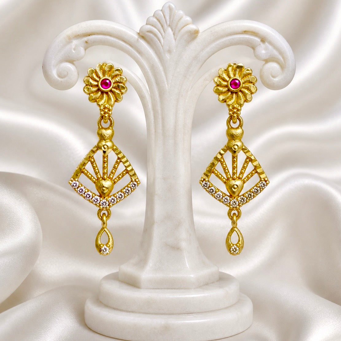 Gold AD & Ruby Stone Designer Drop Earrings