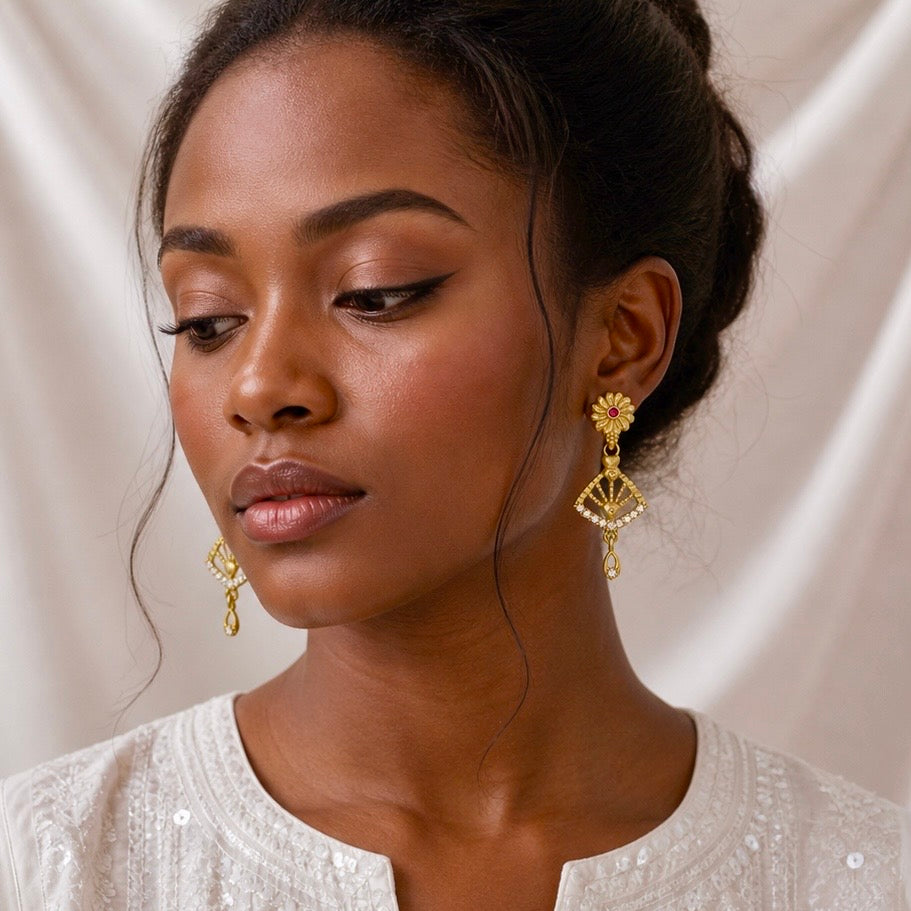 Gold AD & Ruby Stone Designer Drop Earrings