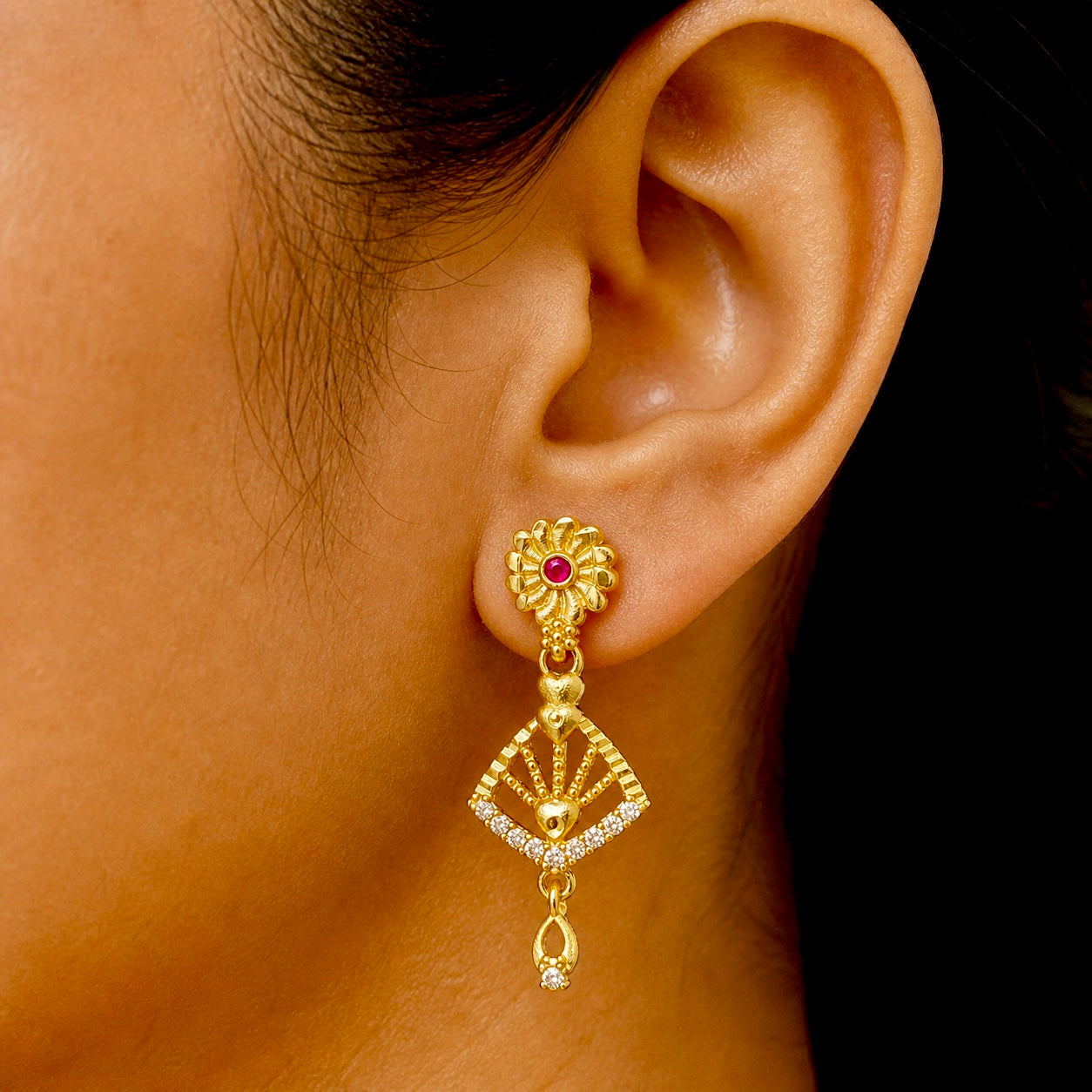 Gold AD & Ruby Stone Designer Drop Earrings
