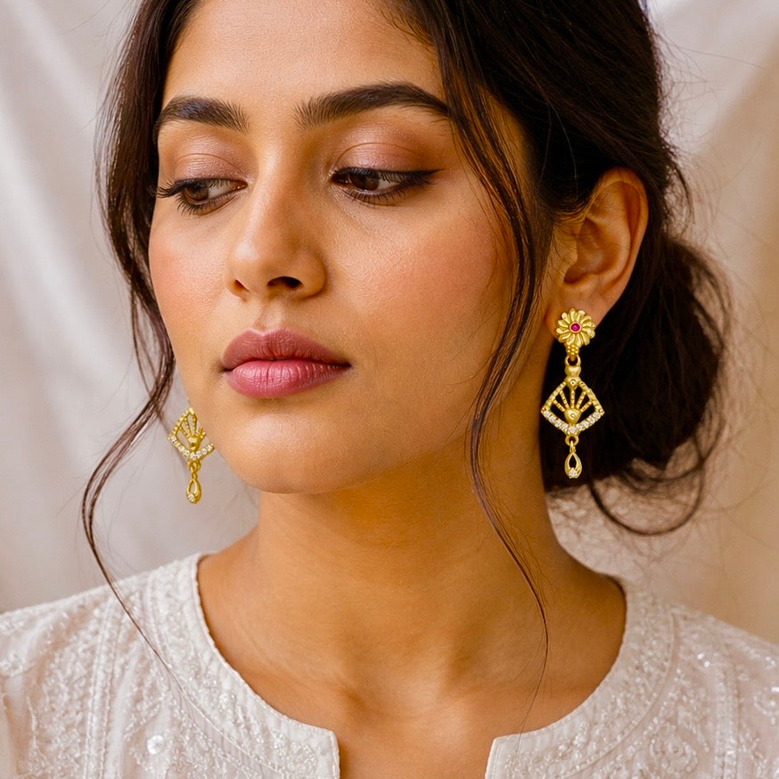 Gold AD & Ruby Stone Designer Drop Earrings