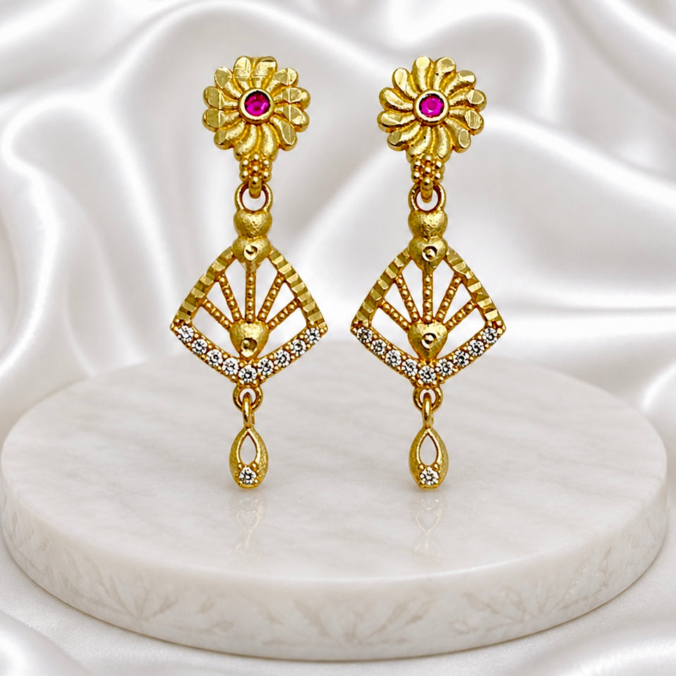 Gold AD & Ruby Stone Designer Drop Earrings