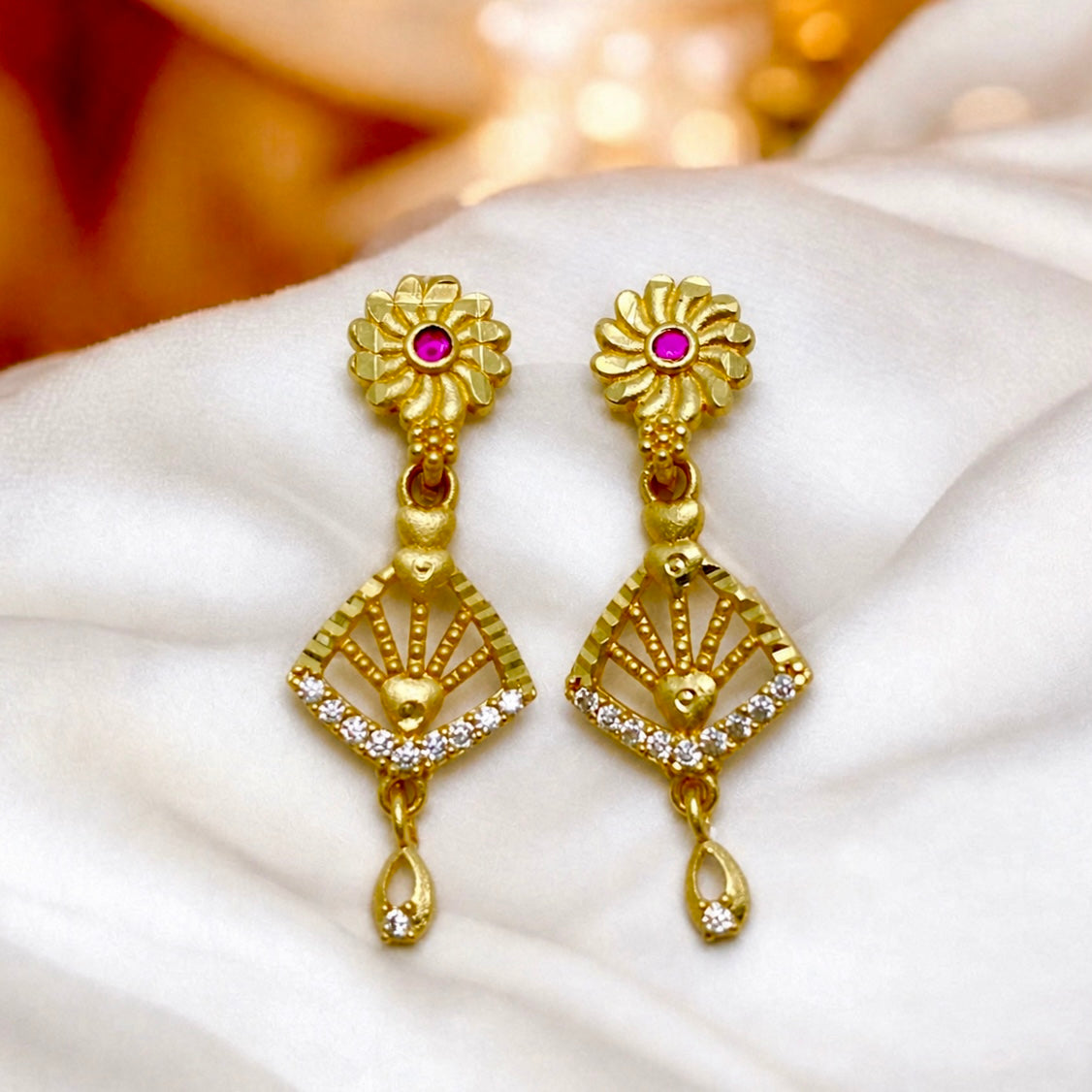 Gold AD & Ruby Stone Designer Drop Earrings