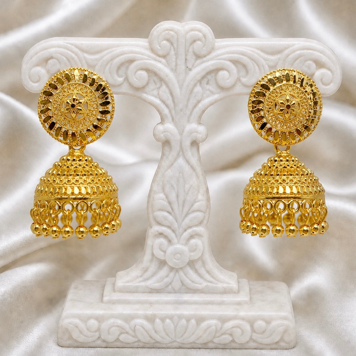 Classic Disc & Dome Ghungroo Gold Jhumka Earrings | Handmade Temple Jewellery