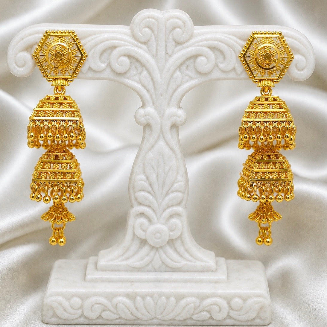 Traditional Hexagonal Double-Layer Ghungroo Gold Jhumki Earrings | Temple Jewellery