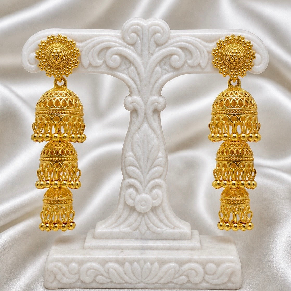 Traditional Gold-Plated Triple Dome Ghungroo Jhumka Earrings | Temple Jewellery