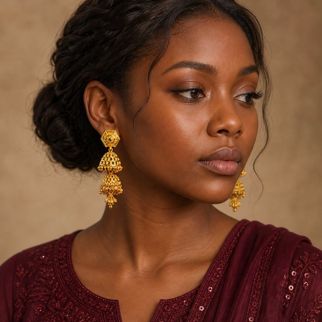 Traditional Hexagonal Double-Layer Ghungroo Gold Jhumki Earrings | Temple Jewellery