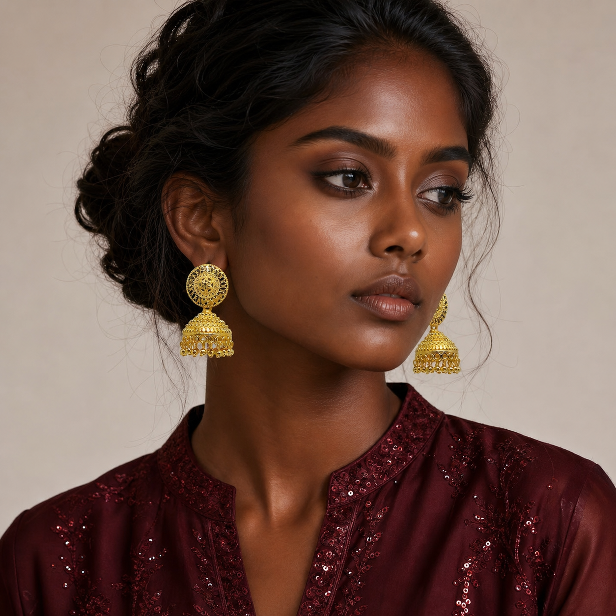 Classic Disc & Dome Ghungroo Gold Jhumka Earrings | Handmade Temple Jewellery