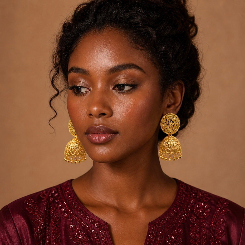 Floral Stud Meshwork Gold Jhumka Earrings – Traditional Ghungroo Temple Jewellery (Pair)