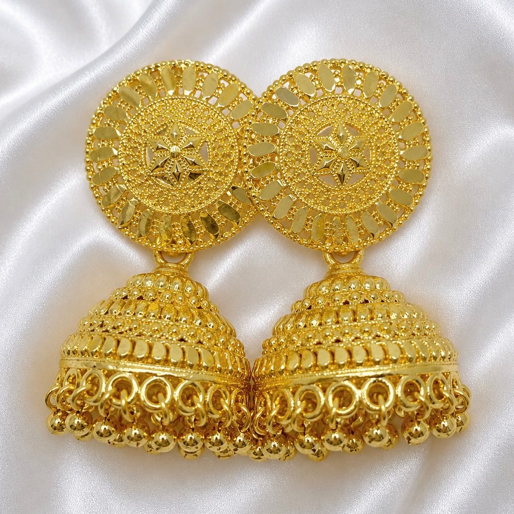 Classic Disc & Dome Ghungroo Gold Jhumka Earrings | Handmade Temple Jewellery