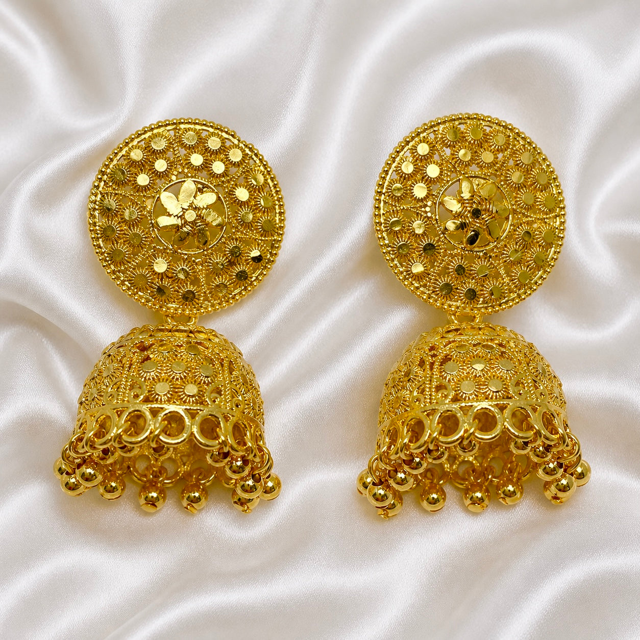 Floral Stud Meshwork Gold Jhumka Earrings – Traditional Ghungroo Temple Jewellery (Pair)