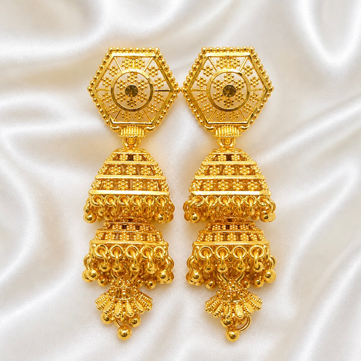 Traditional Hexagonal Double-Layer Ghungroo Gold Jhumki Earrings | Temple Jewellery