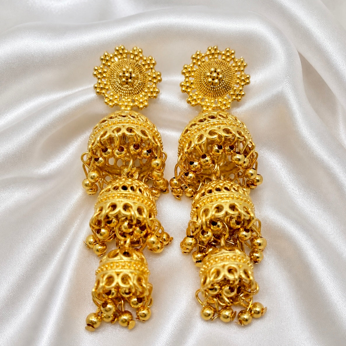 Traditional Gold-Plated Triple Dome Ghungroo Jhumka Earrings | Temple Jewellery